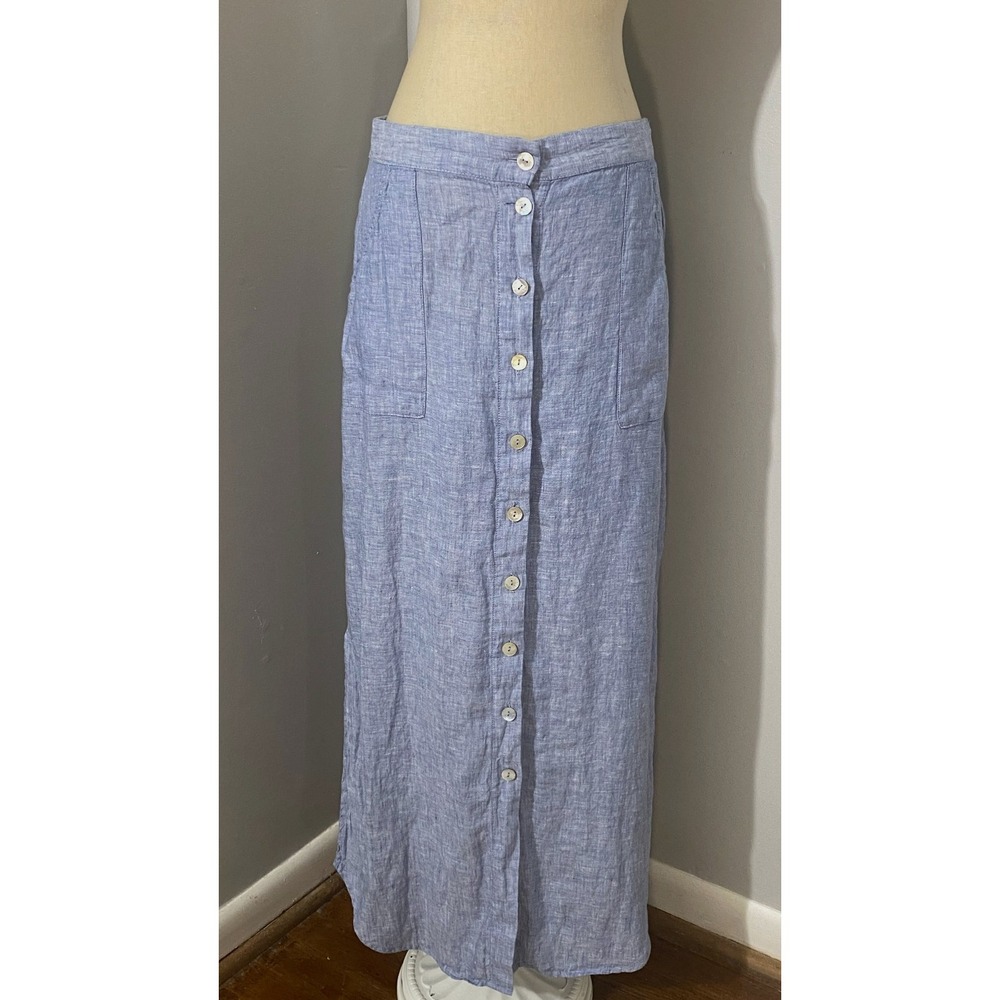 Tahari 100% Linen Chambray Skirt Size L Blue Long Button Down Casual Breathable